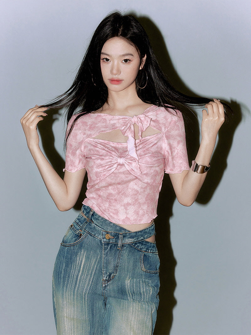 Pink Cut-Out Ribbon Crop Top