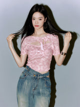 Pink Cut-Out Ribbon Crop Top