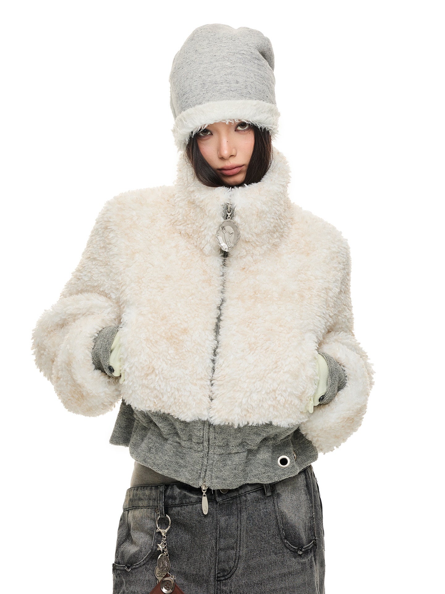 Beige Mix Short Fur Jacket
