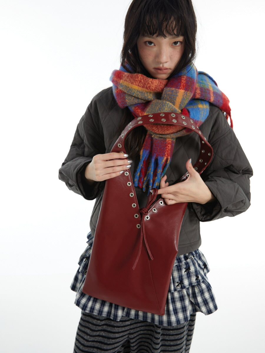 Red Wine Leather V-Cut Shoulder Bag