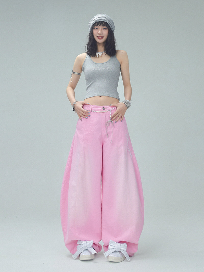 Gradient Pink Wide-Leg Pants with Back Bow Detail