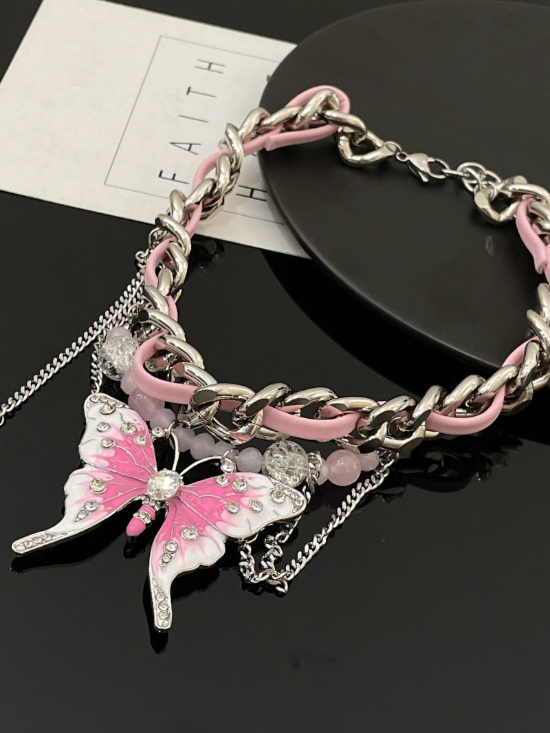 Pink Butterfly Leather Chain-Stitched Choker