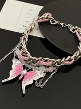 Pink Butterfly Leather Chain-Stitched Choker