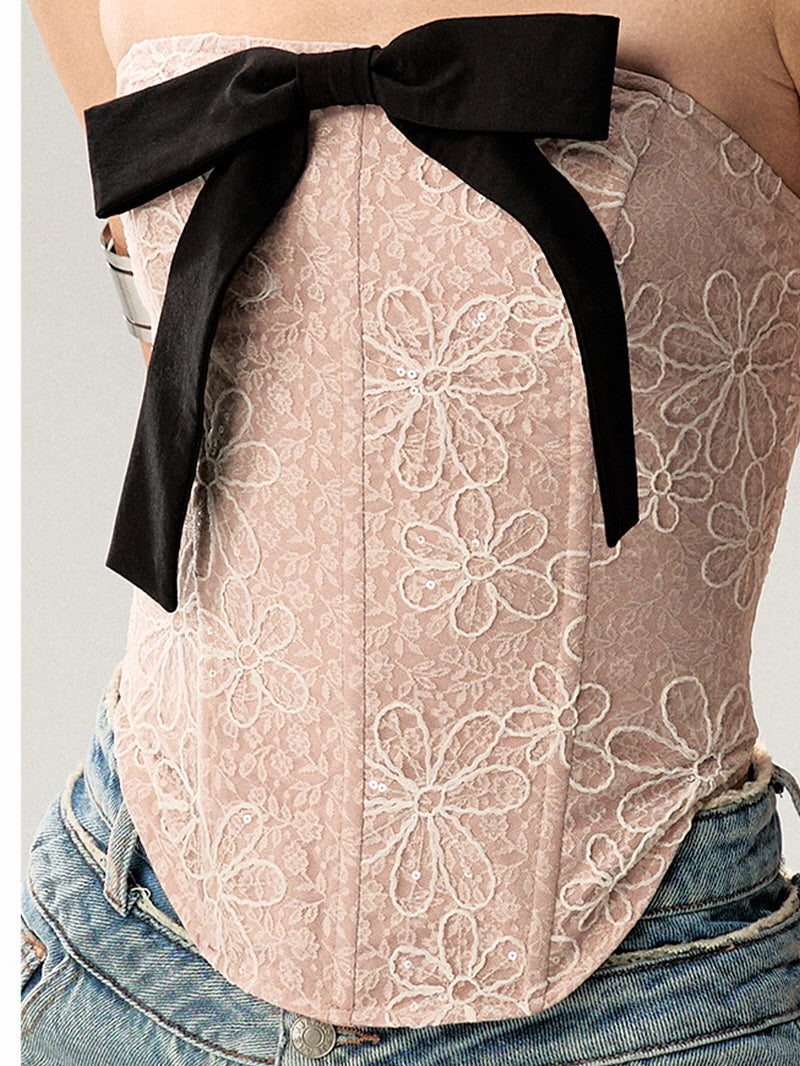 Pink Corset Tank Top with Black Ribbon