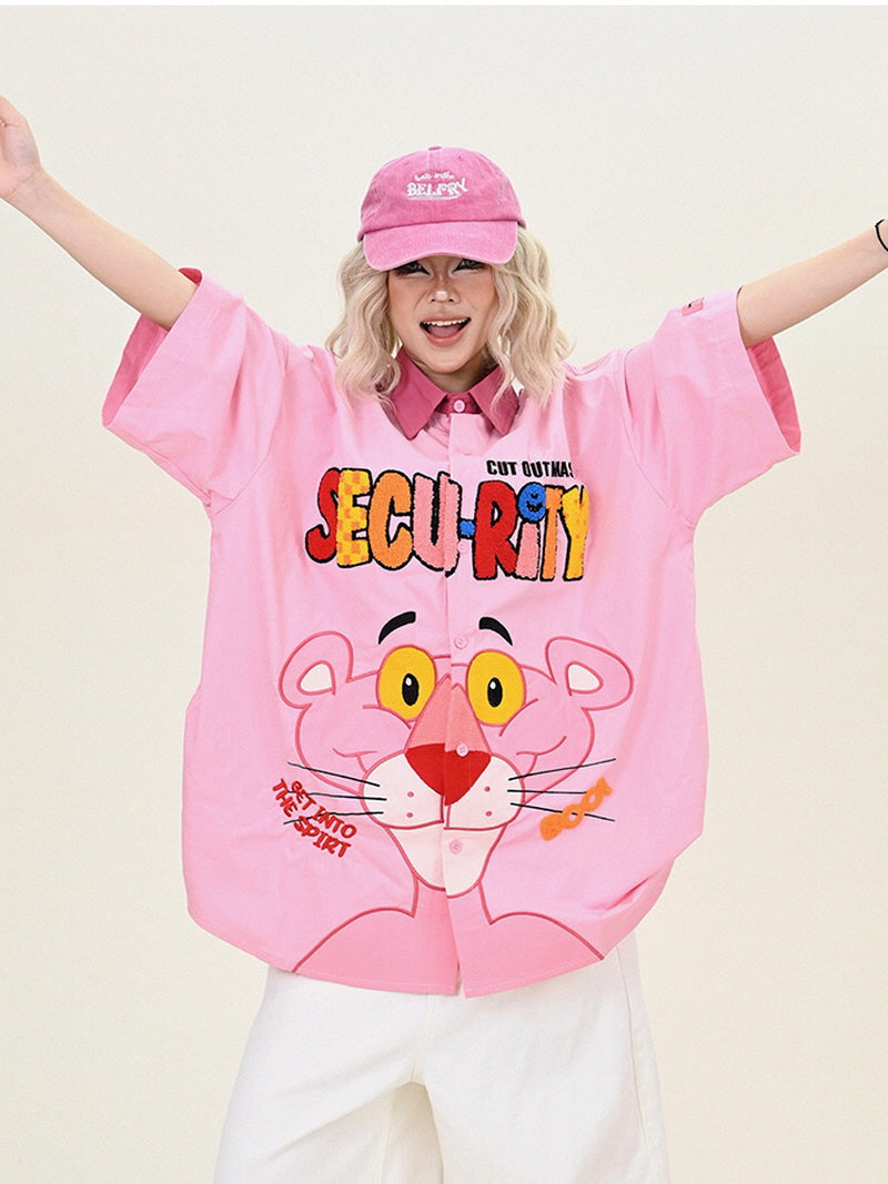 Pink Button-Up Shirt with Character & Lettering Print