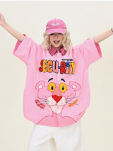 Pink Button-Up Shirt with Character & Lettering Print