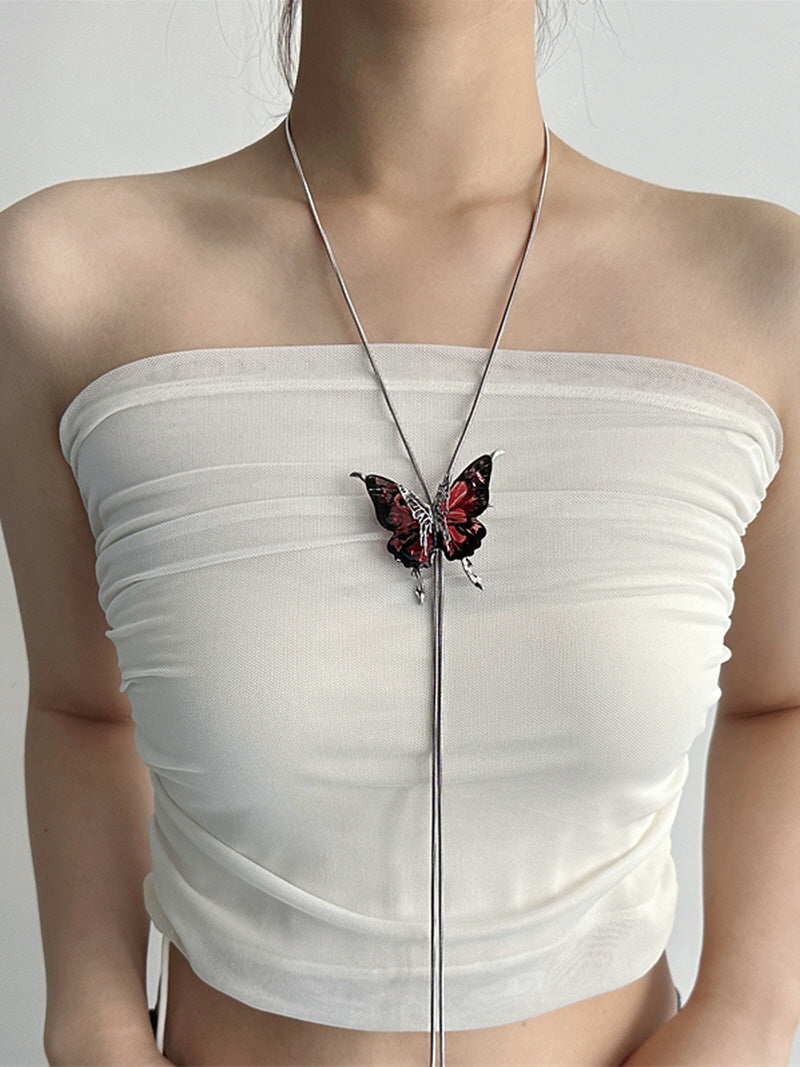 Reddish Pink Y-Shaped Butterfly Necklace