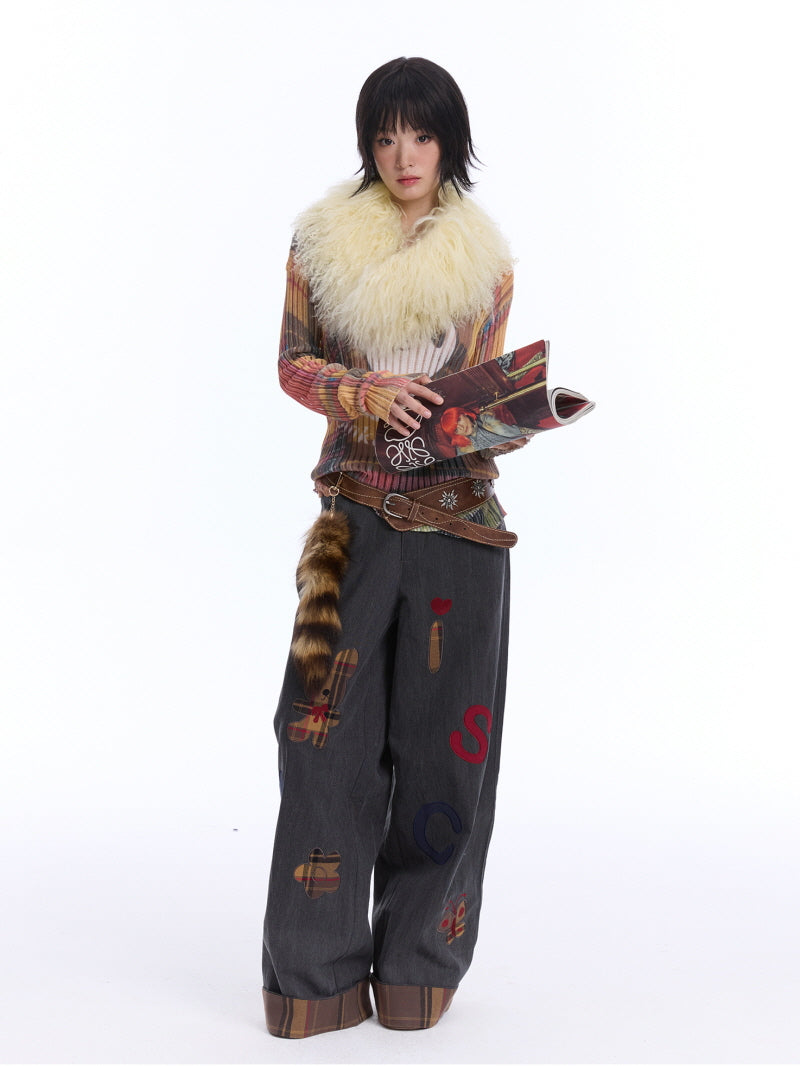 Multi-Color Check Knit Top with Ghost Print