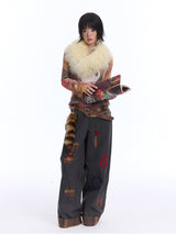 Multi-Color Check Knit Top with Ghost Print