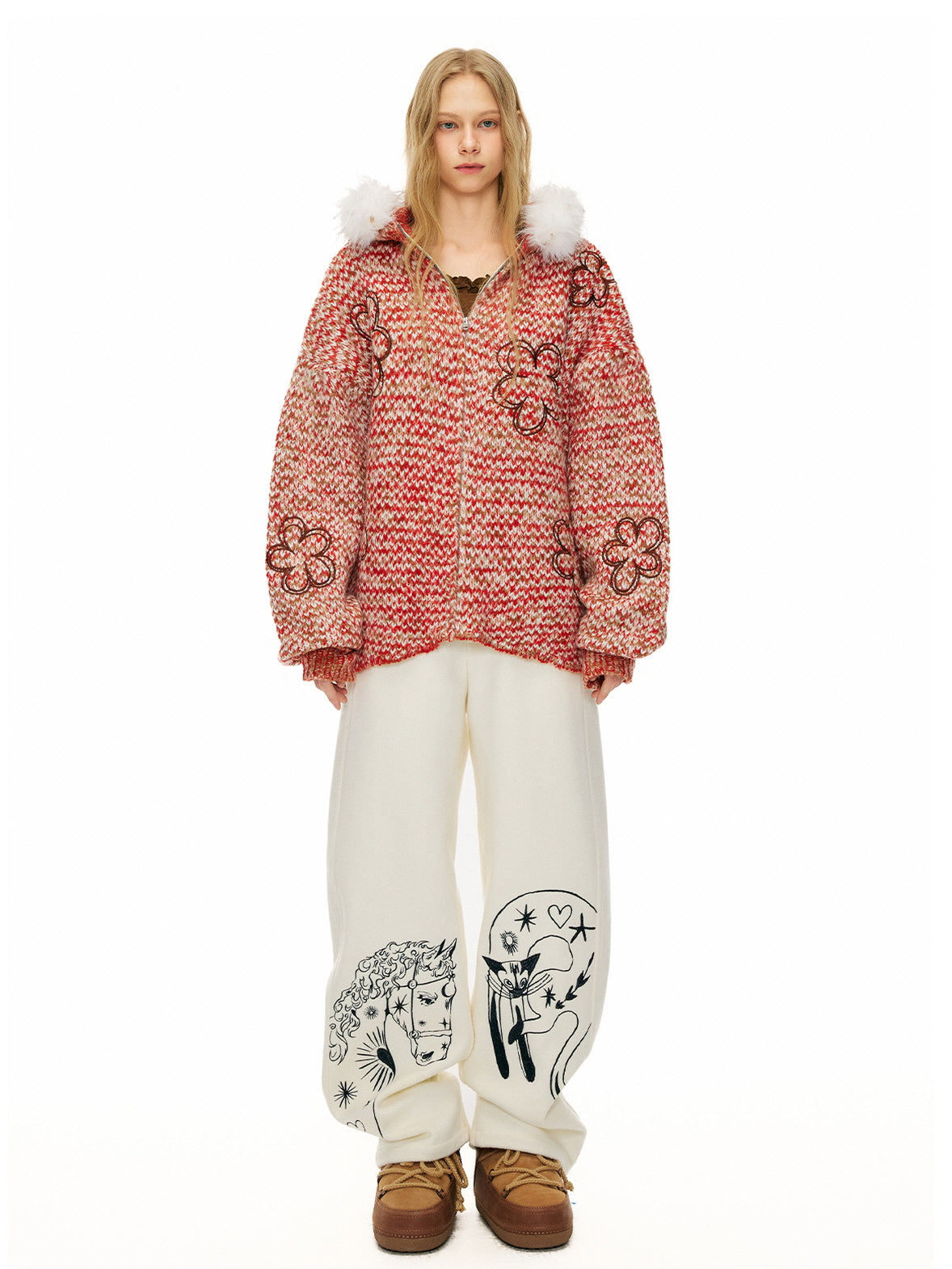 Red Flower Fur Hooded Cardigan