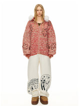 Red Flower Fur Hooded Cardigan