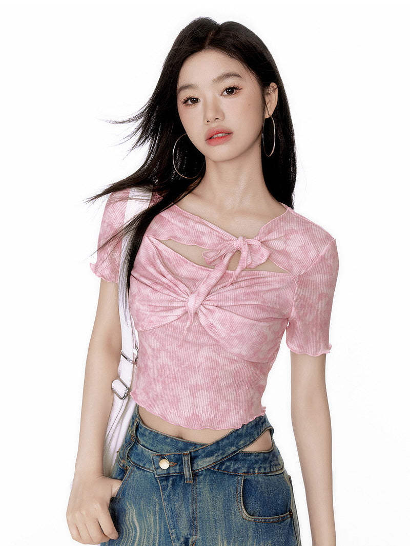 Pink Cut-Out Ribbon Crop Top