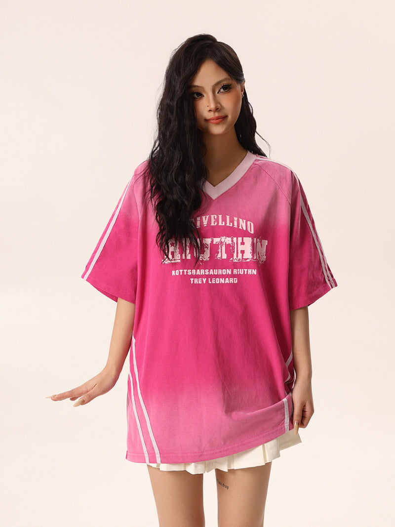 Pink V-Neck Tee with Gradient Effect