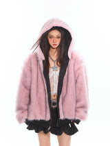 Pink Fur & Black Reversible Hoodie Jacket