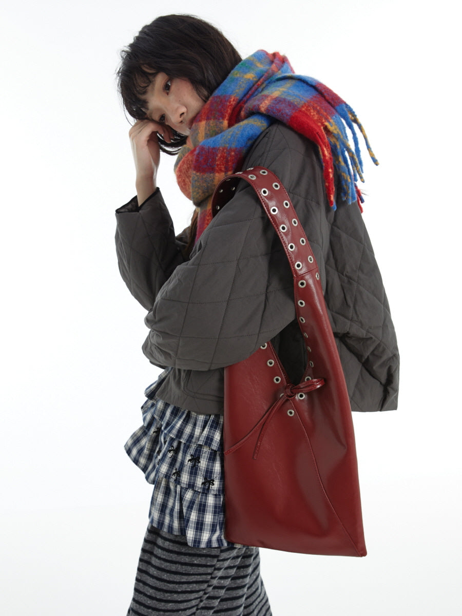 Red Wine Leather V-Cut Shoulder Bag