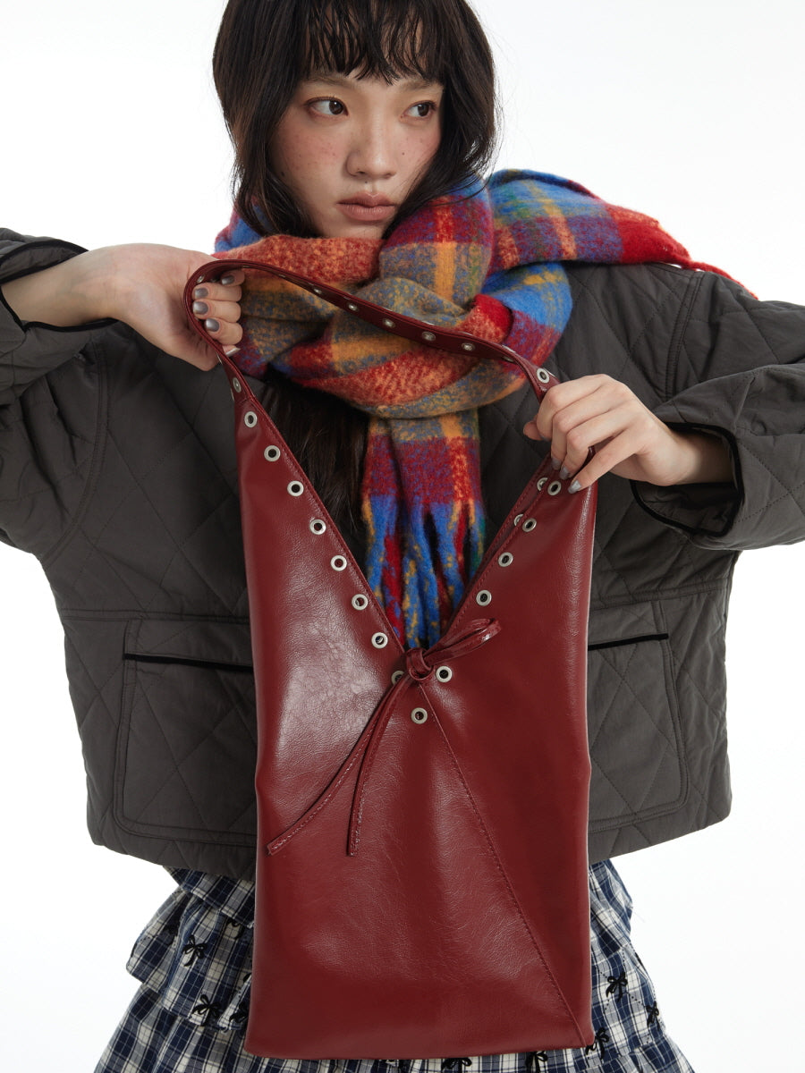 Red Wine Leather V-Cut Shoulder Bag