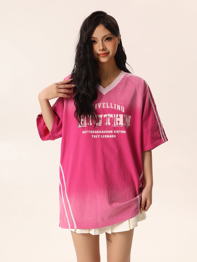Pink V-Neck Tee with Gradient Effect