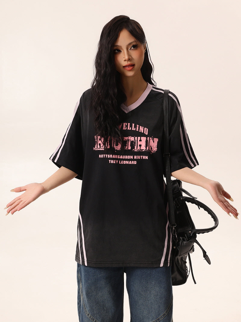 Black V-Neck Tee with Pink Accents