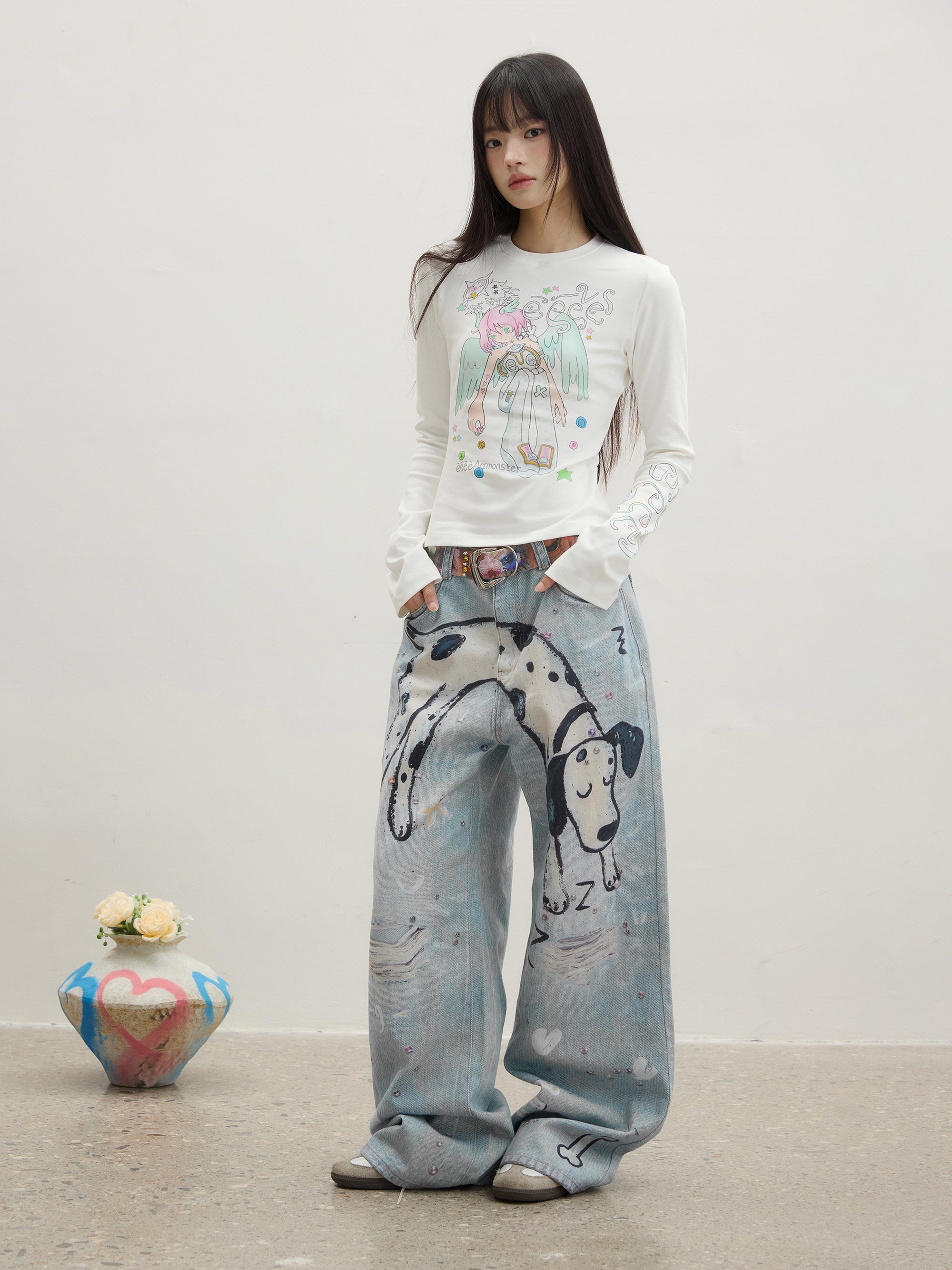 Dalmatian Print Wide-Leg Denim Pants
