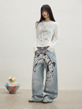 Dalmatian Print Wide-Leg Denim Pants