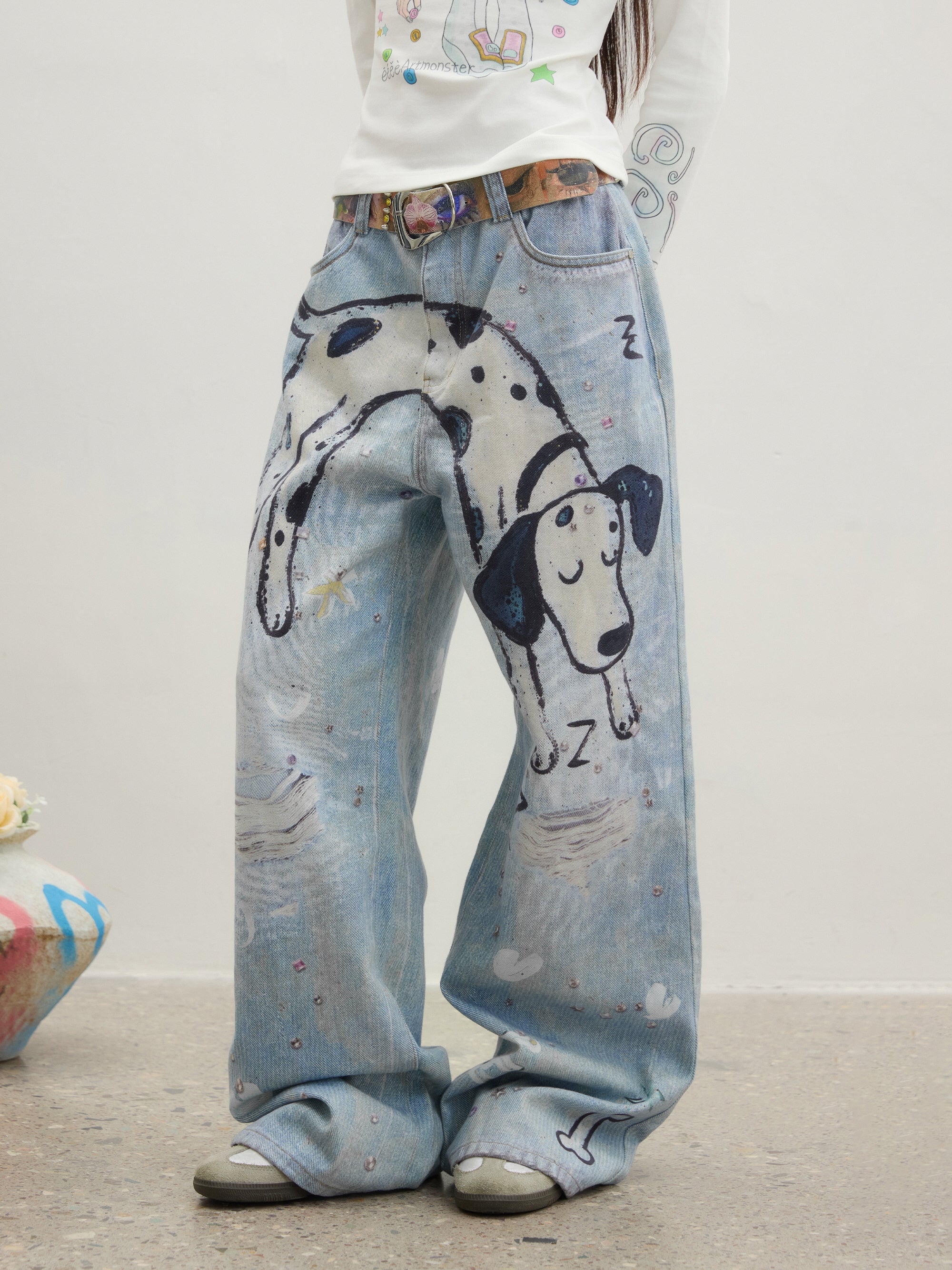 Dalmatian Print Wide-Leg Denim Pants