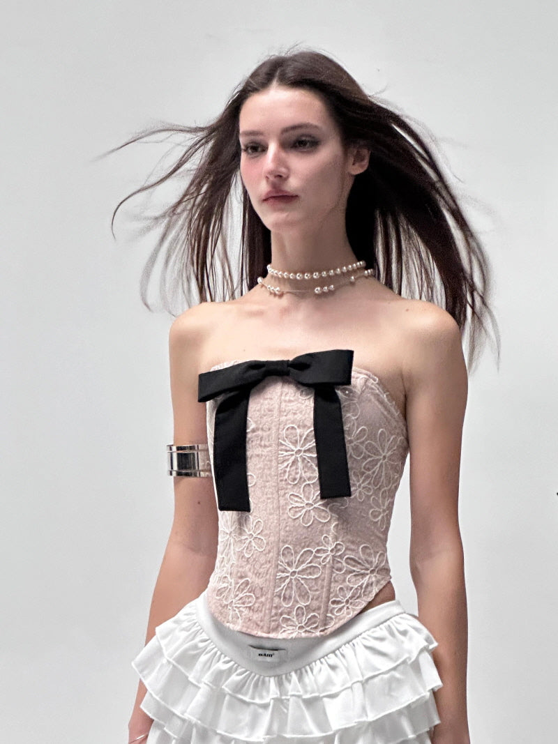 Pink Corset Tank Top with Black Ribbon