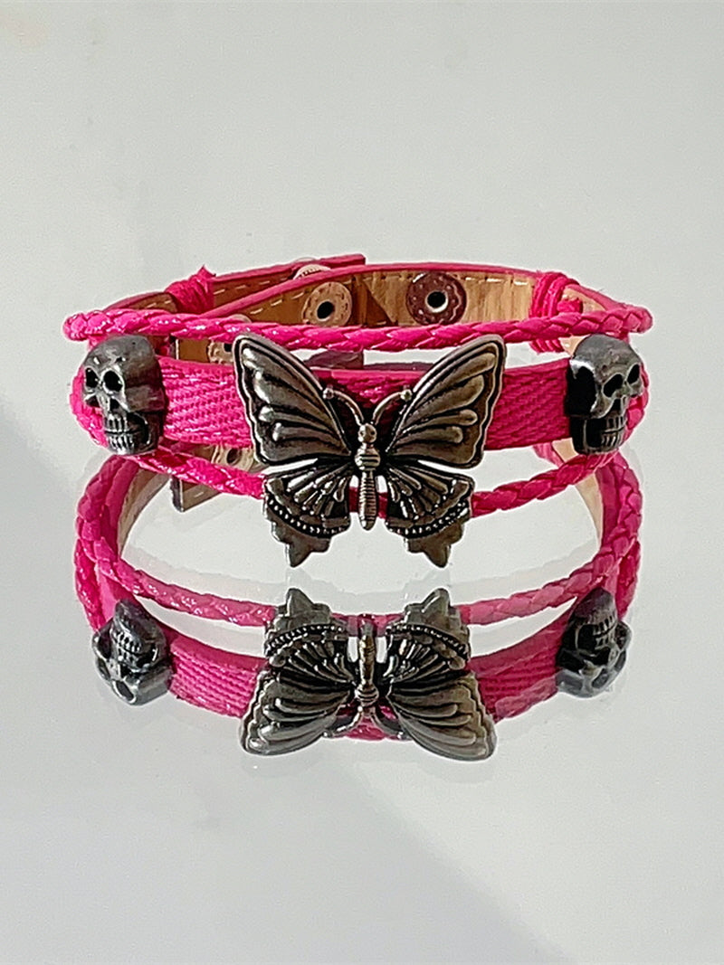 Pink Leather Butterfly Bracelet
