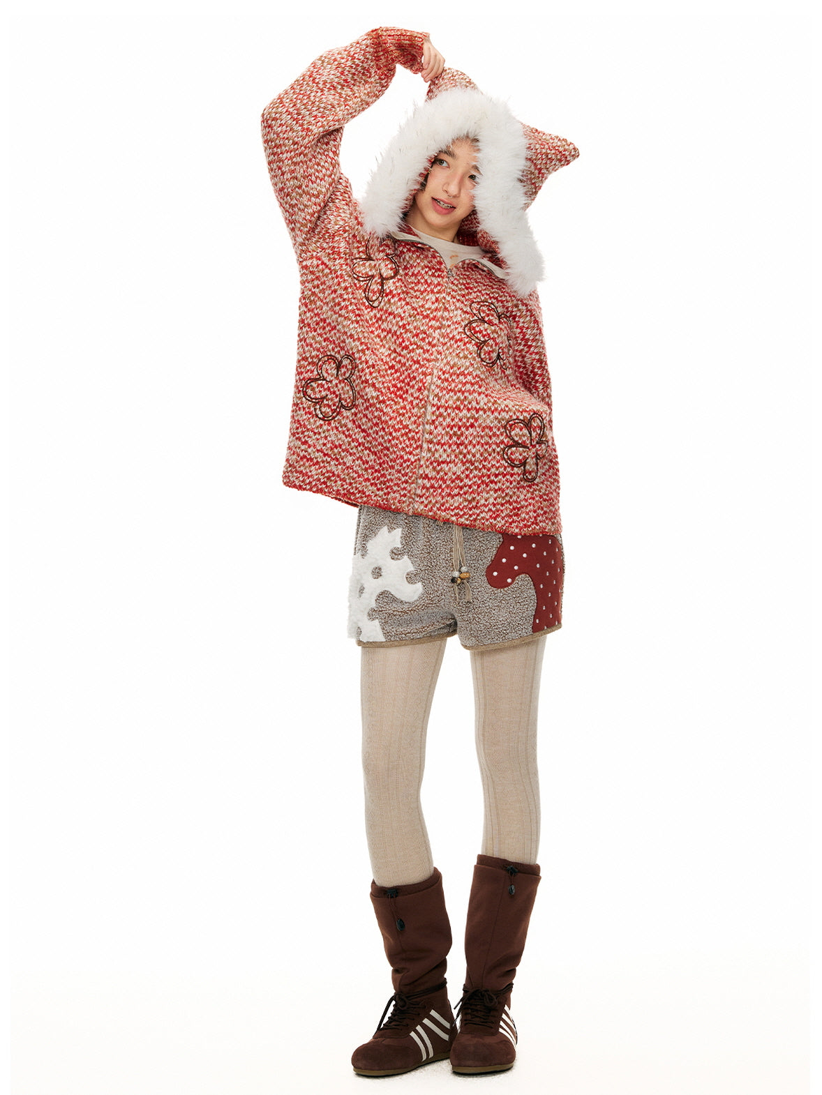 Red Flower Fur Hooded Cardigan
