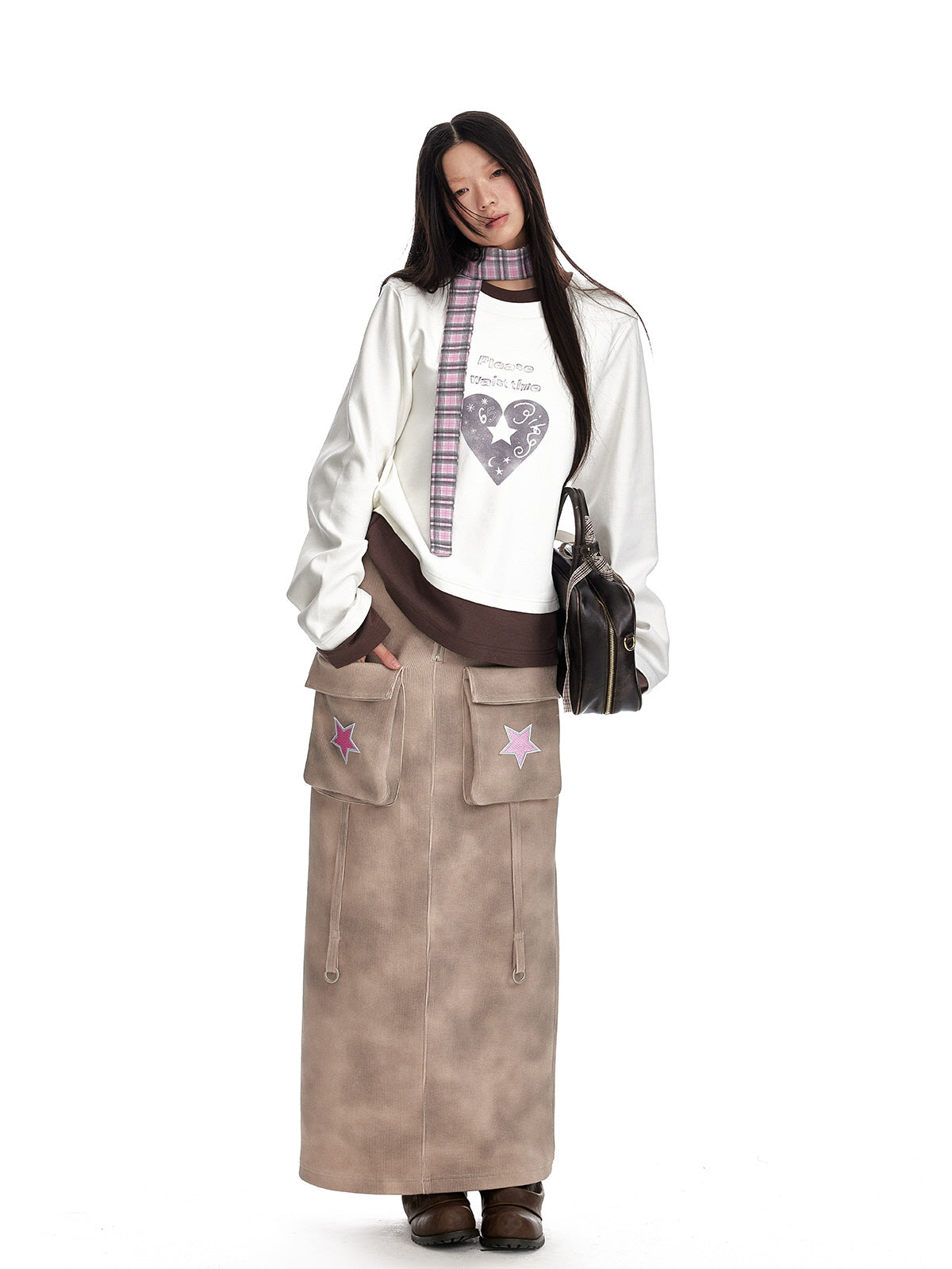 Beige Cargo Maxi Skirt with Pink Star Patch