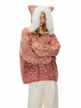 Red Flower Fur Hooded Cardigan