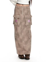 Beige Cargo Maxi Skirt with Pink Star Patch