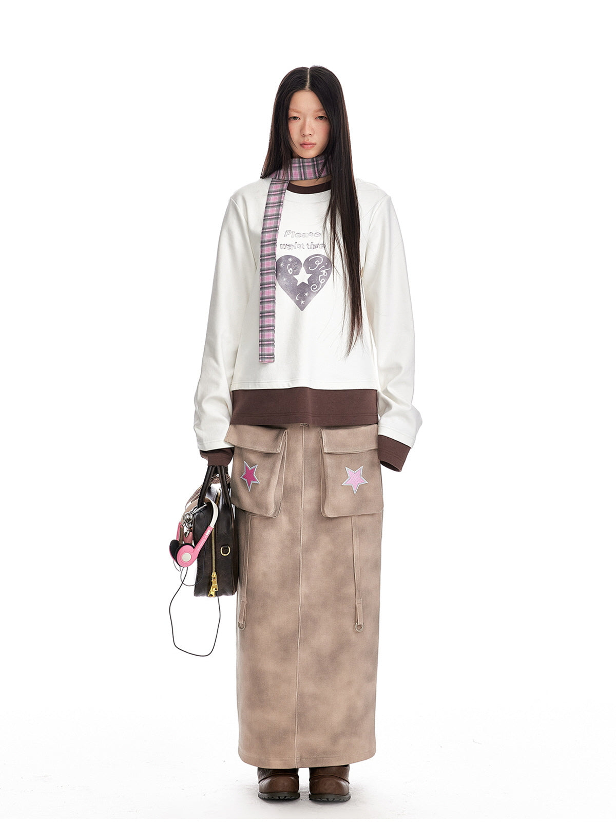 Beige Cargo Maxi Skirt with Pink Star Patch