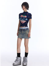 Layered Waist Denim Mini Skirt