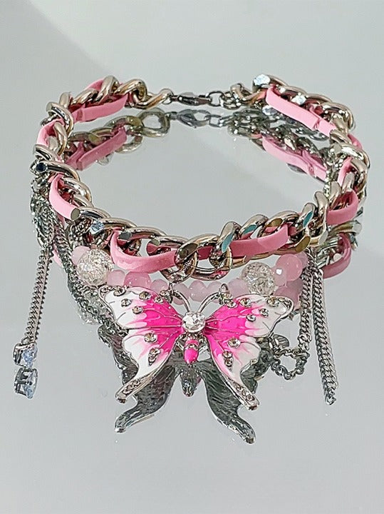 Pink Butterfly Leather Chain-Stitched Choker
