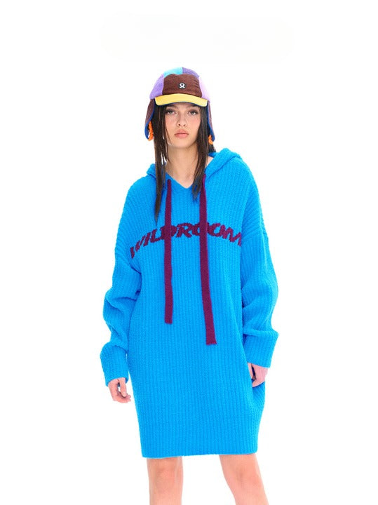 Oversized Hoodie Sweater Dress  Vivid Blue / Lime Green