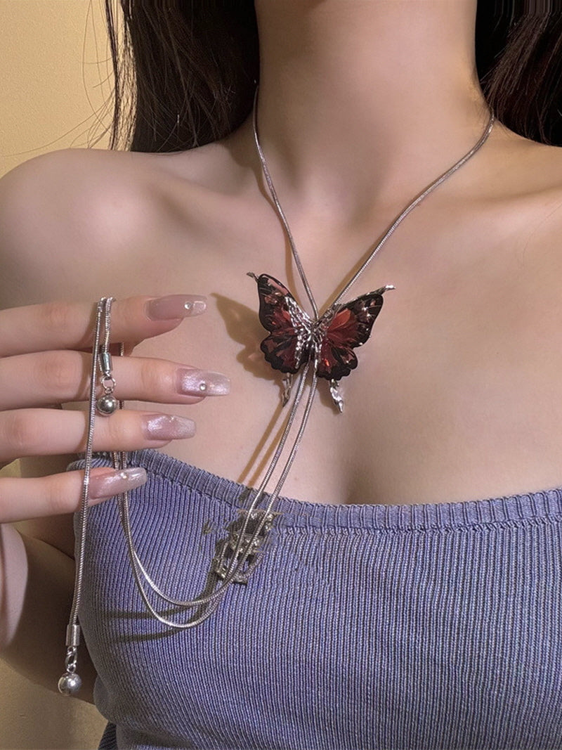 Reddish Pink Y-Shaped Butterfly Necklace