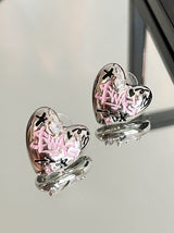 Pink Inked Heart Stud Earrings