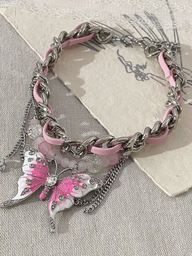 Pink Butterfly Leather Chain-Stitched Choker