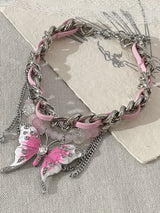 Pink Butterfly Leather Chain-Stitched Choker