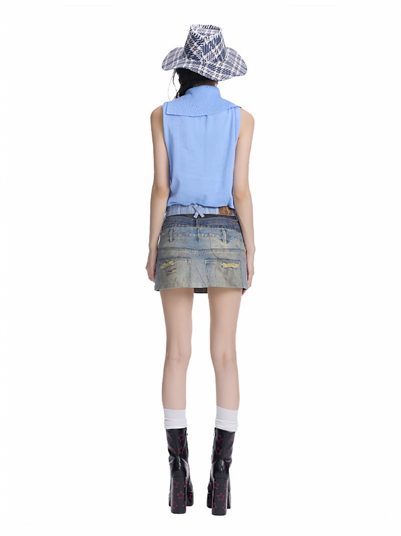 Sky Blue Horse Graphic Sleeveless Knit Top