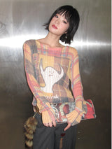 Multi-Color Check Knit Top with Ghost Print