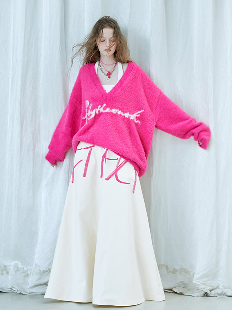 Hot Pink Lettering Slit Skirt