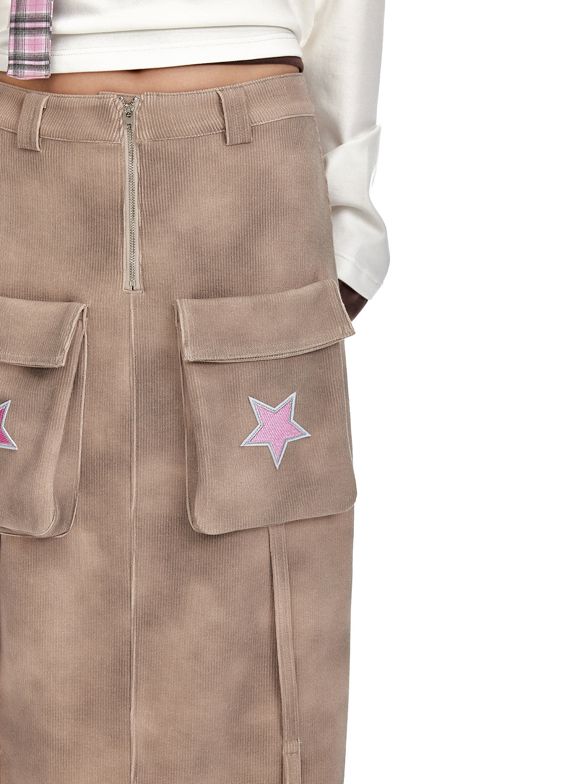 Beige Cargo Maxi Skirt with Pink Star Patch