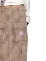 Beige Cargo Maxi Skirt with Pink Star Patch