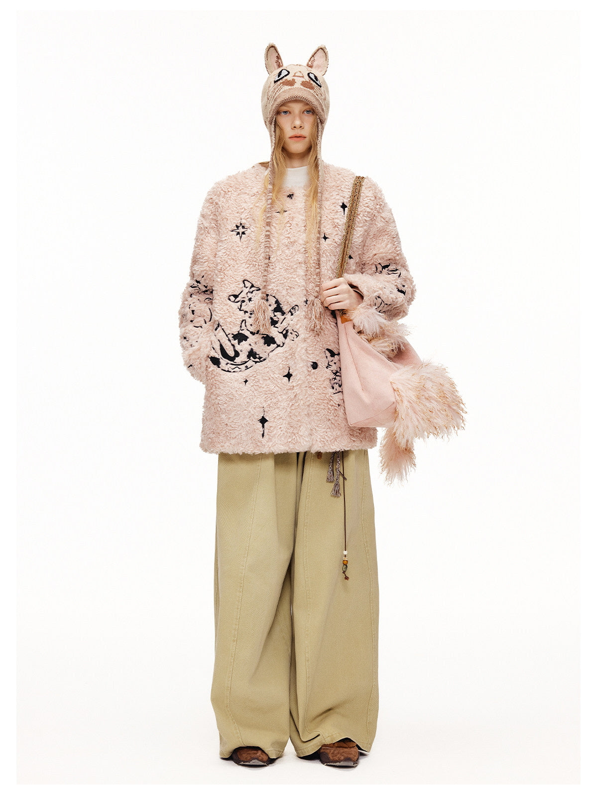 Cat Illustration Dumble Fur Jacket