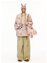 Cat Illustration Dumble Fur Jacket