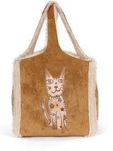 Tan Brown Shearling Cat Tote Bag