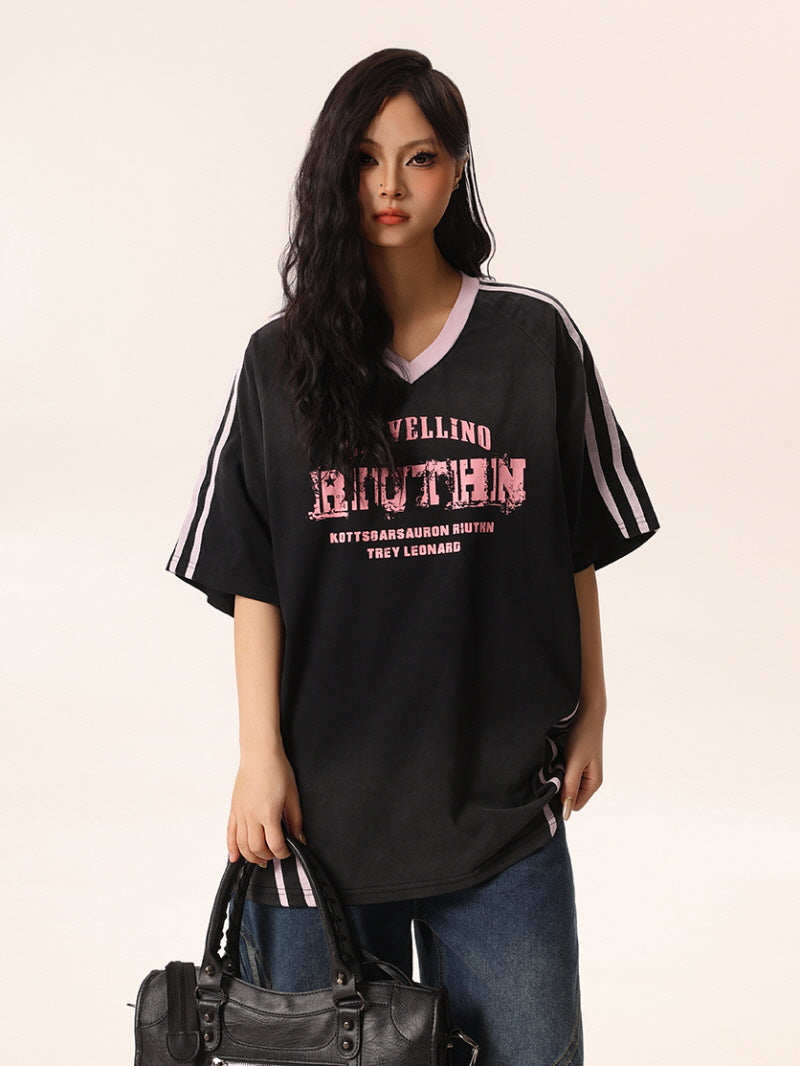 Black V-Neck Tee with Pink Accents