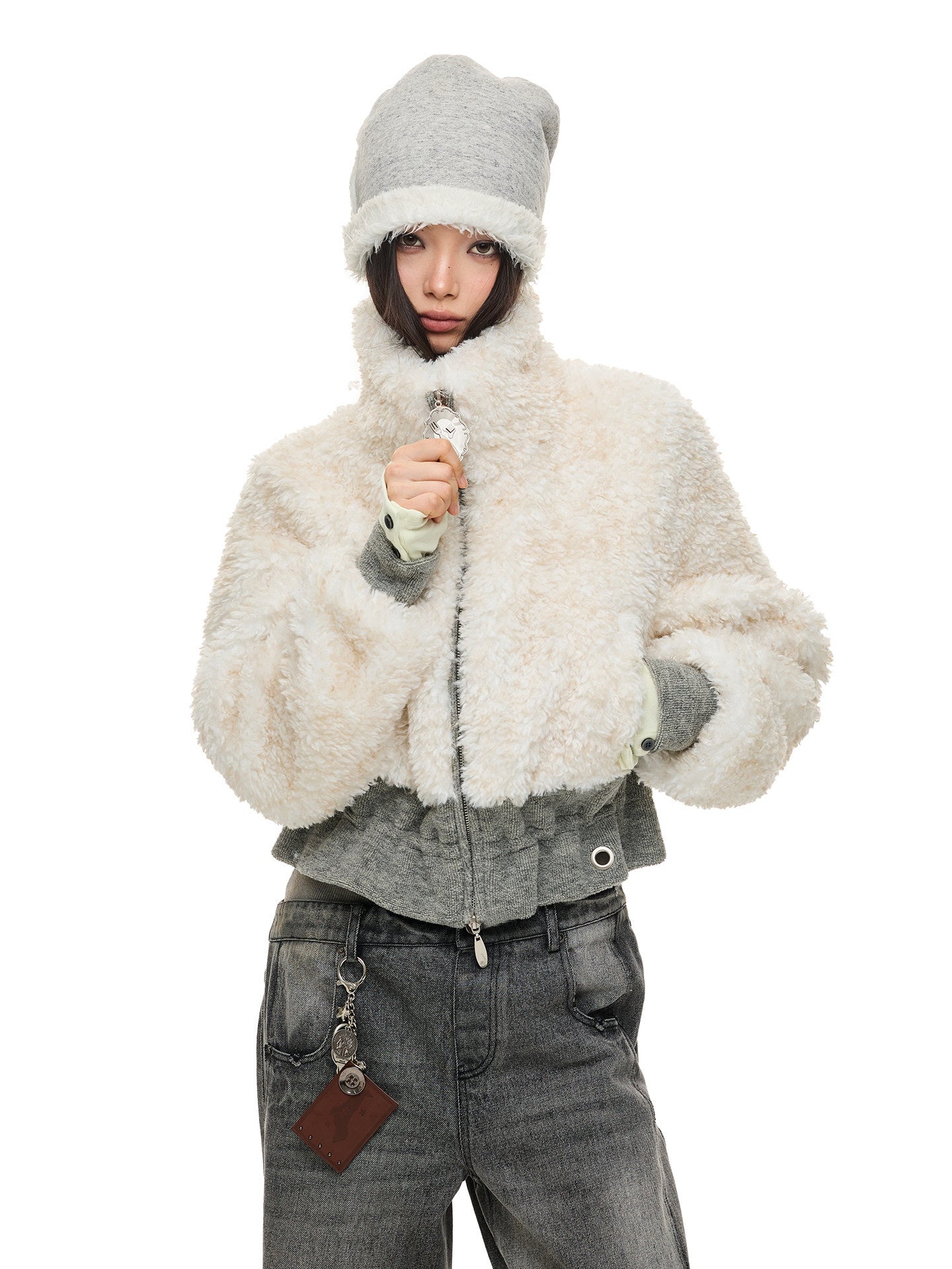 Beige Mix Short Fur Jacket