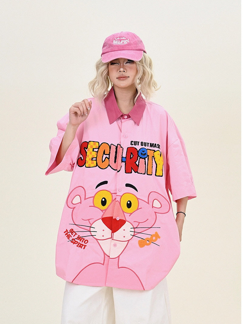 Pink Button-Up Shirt with Character & Lettering Print
